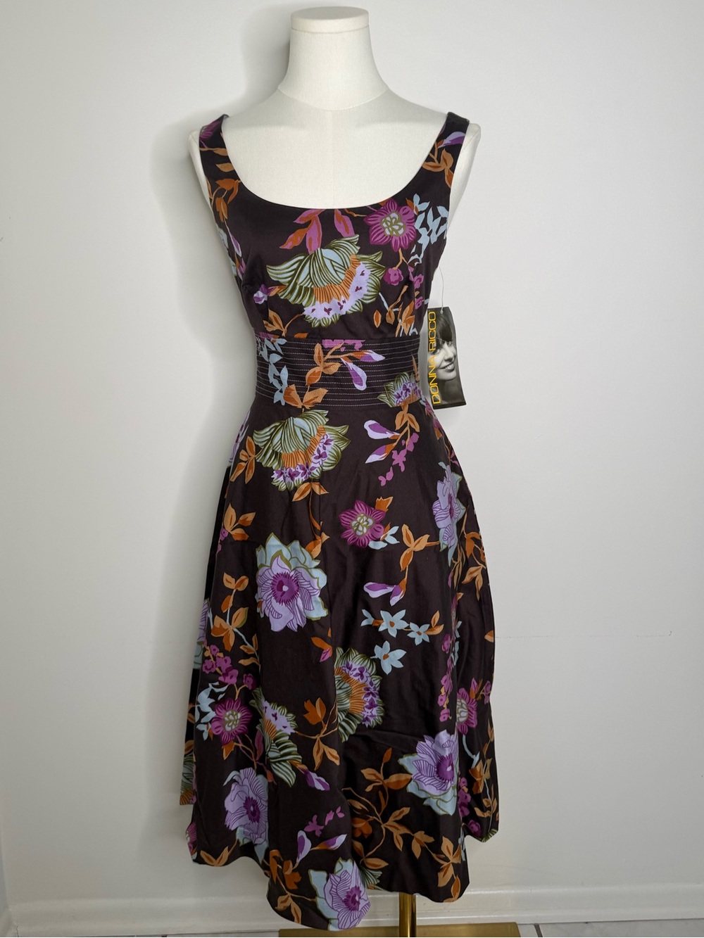 Donna Ricco Black Midi Dress with Purple and Orange Floral